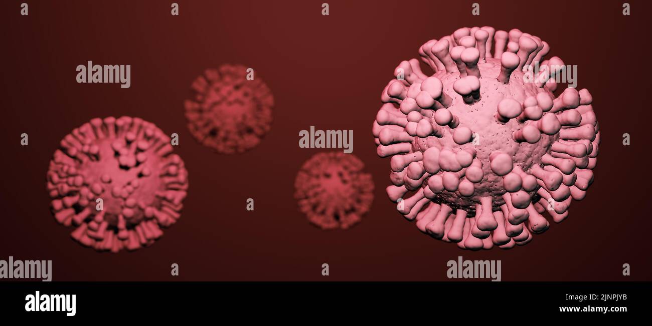 Konzeptuelle Darstellung einer Gruppe von Viruszellen auf rotem Hintergrund, Visualisierung einer Virusinfektion Stockfoto
