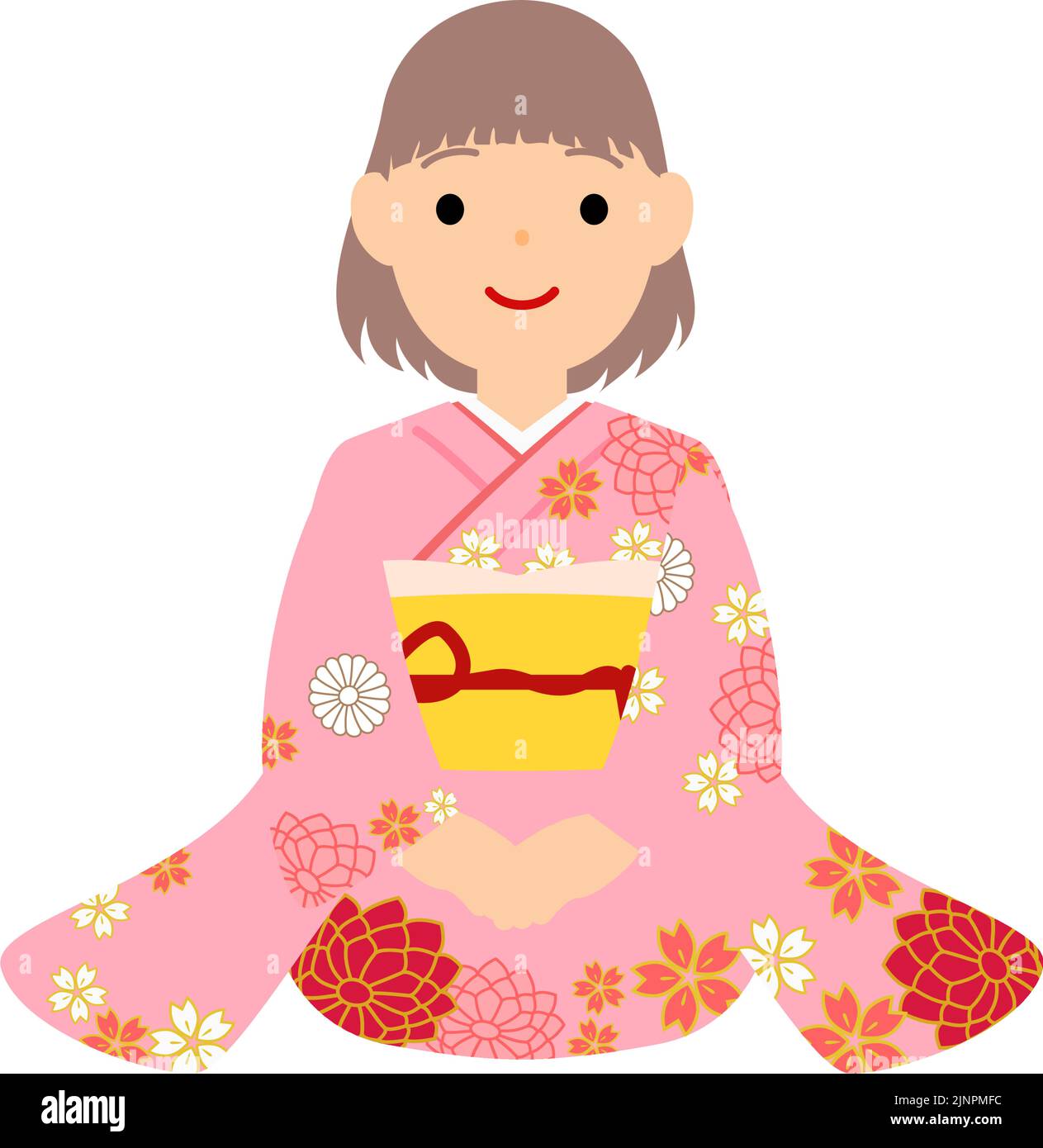 Mädchen im Kimono (Furisode) sitzt auf dem Boden und begrüßt das neue Jahr Stock Vektor