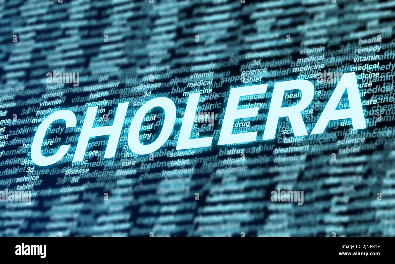 Cholera blau strahlendes Wort über gesundheitsbezogene Wörter. Konzept für die Gesundheitsversorgung und neue Technologie in der Medizin. Stockfoto