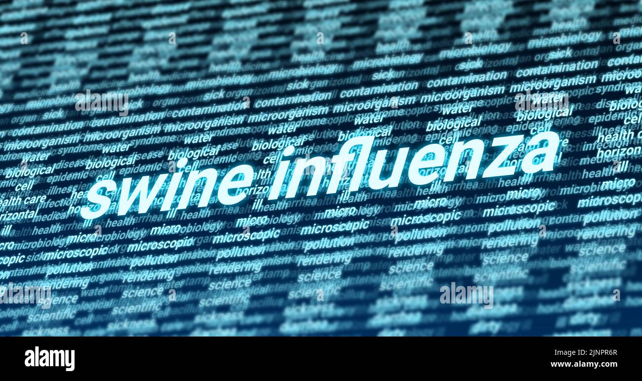 Schweinegrippe blaues helles Wort über gesundheitsbezogene Wörter. Darstellung des Gesundheitsbewusstseins. Stockfoto