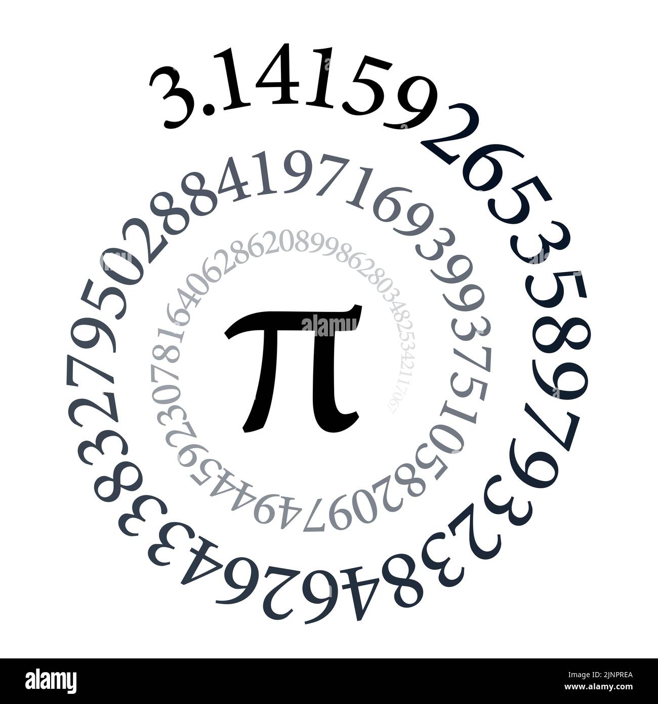 Pi-Spirale. Die ersten hundert Ziffern der unendlichen Kreiszahl und der mathematischen Konstante Pi bilden eine arithmetische Spirale. Schwarz und Weiß. Stockfoto