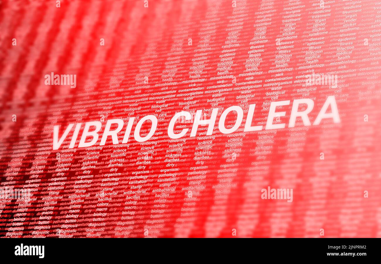 vibrio Cholera rot leuchtendes Wort über gesundheitsbezogene Wörter. vibrio Cholera Awareness Illustration. Stockfoto