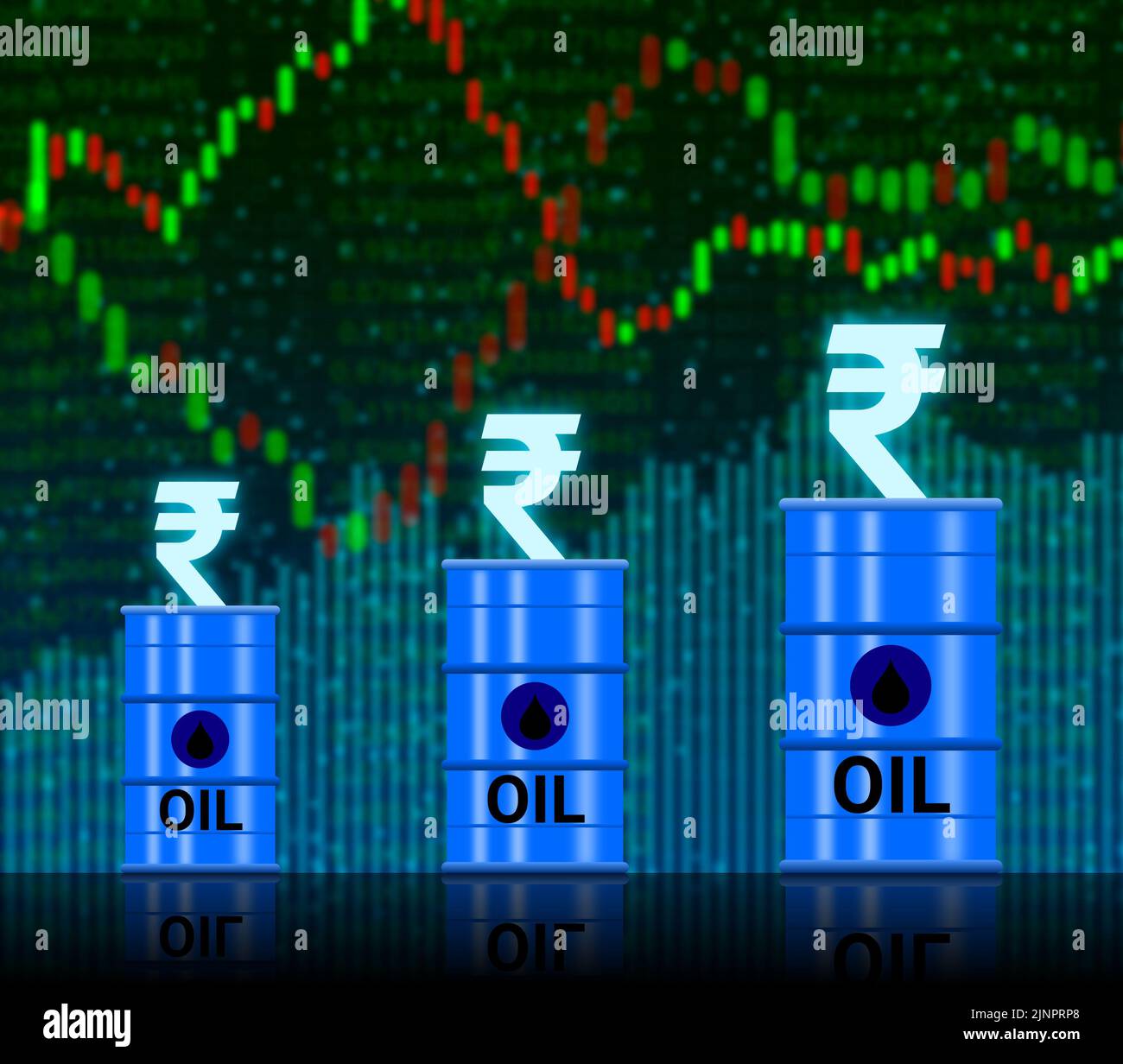 Täglich steigender Ölpreis mit hellem Rupie-Symbol und Grafiken nach oben. Konzept für den Ölpreiseffekt auf die Volkswirtschaft. Ölpreis, Nachfrage und Ölpreis il Stockfoto