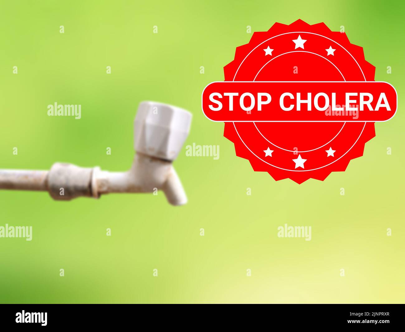 Stop Cholera auf Unschärfe derty Tab Foto. Konzept zeigt die Hauptursache für Cholera in der Wasserverschmutzung. Stockfoto