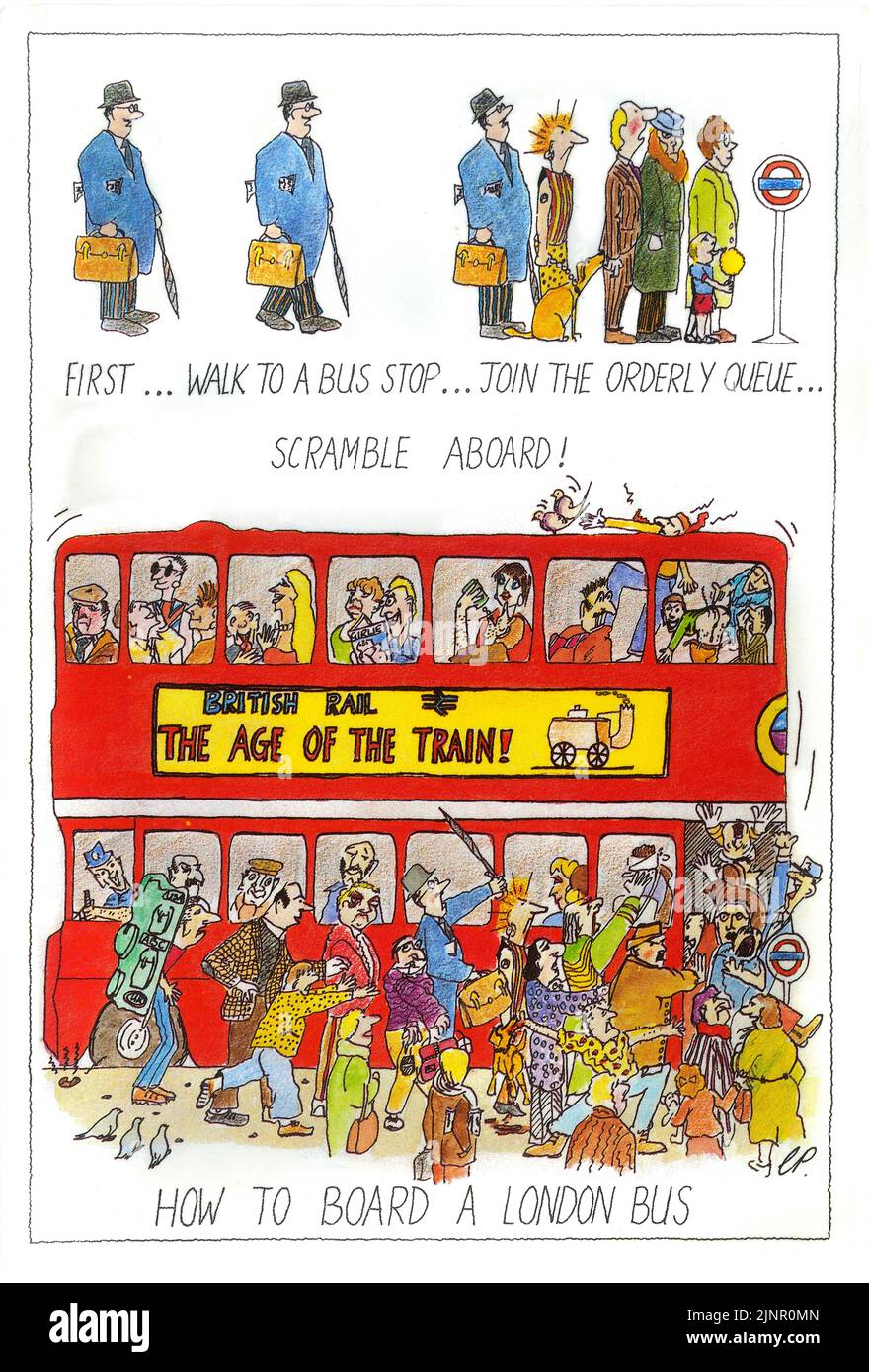Wie man an Bord eines Londoner Busses geht.die amüsante witzige London-Postkarte der 1980er Jahre. Von Chris Parker Stockfoto
