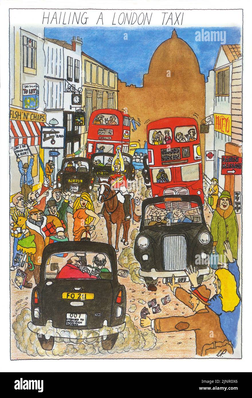 80er Jahre Hailing a London Taxi, 80er Jahre amüsant lustige London Postkarte von Chris Parker Stockfoto