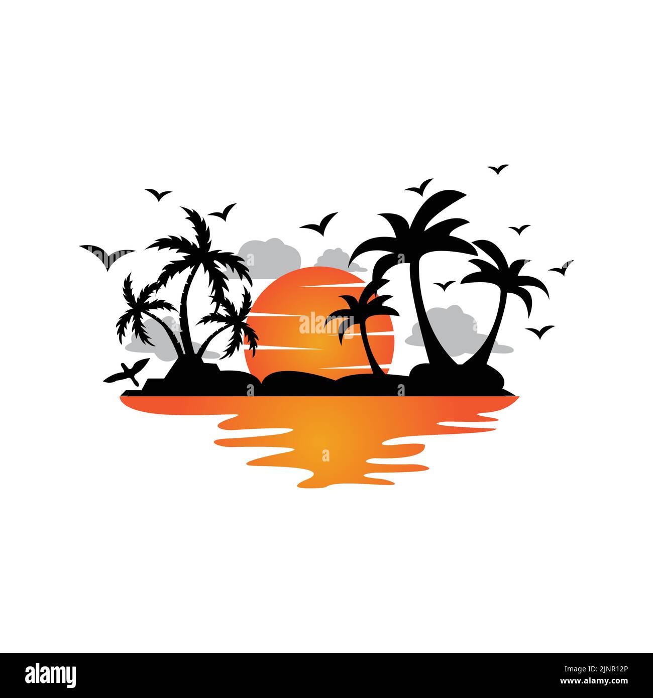 vector Beach Logo Vorlage mit Sonnenuntergang, Kokospalmen, Fischerbooten, Segelbooten und fliegenden Vögeln, ocean Waves, Retro Circle Design Konzept Stock Vektor