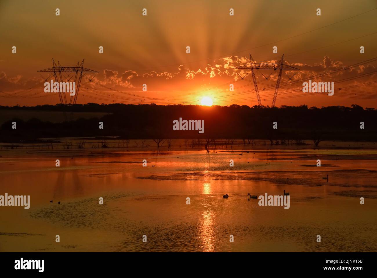 Sonnenuntergang in der Lagune von Pampas, Provinz La Pampa, Patagonien, Argentinien. Stockfoto