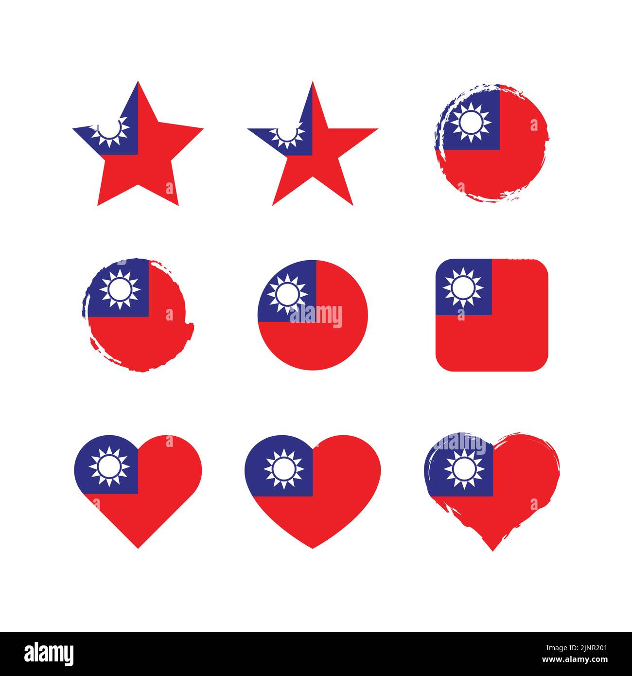 Taiwan Vektorkreis und Herzflagge gesetzt. Republik china trockene Pinsel und Grunge Effekt Stempel Flaggen. Stock Vektor