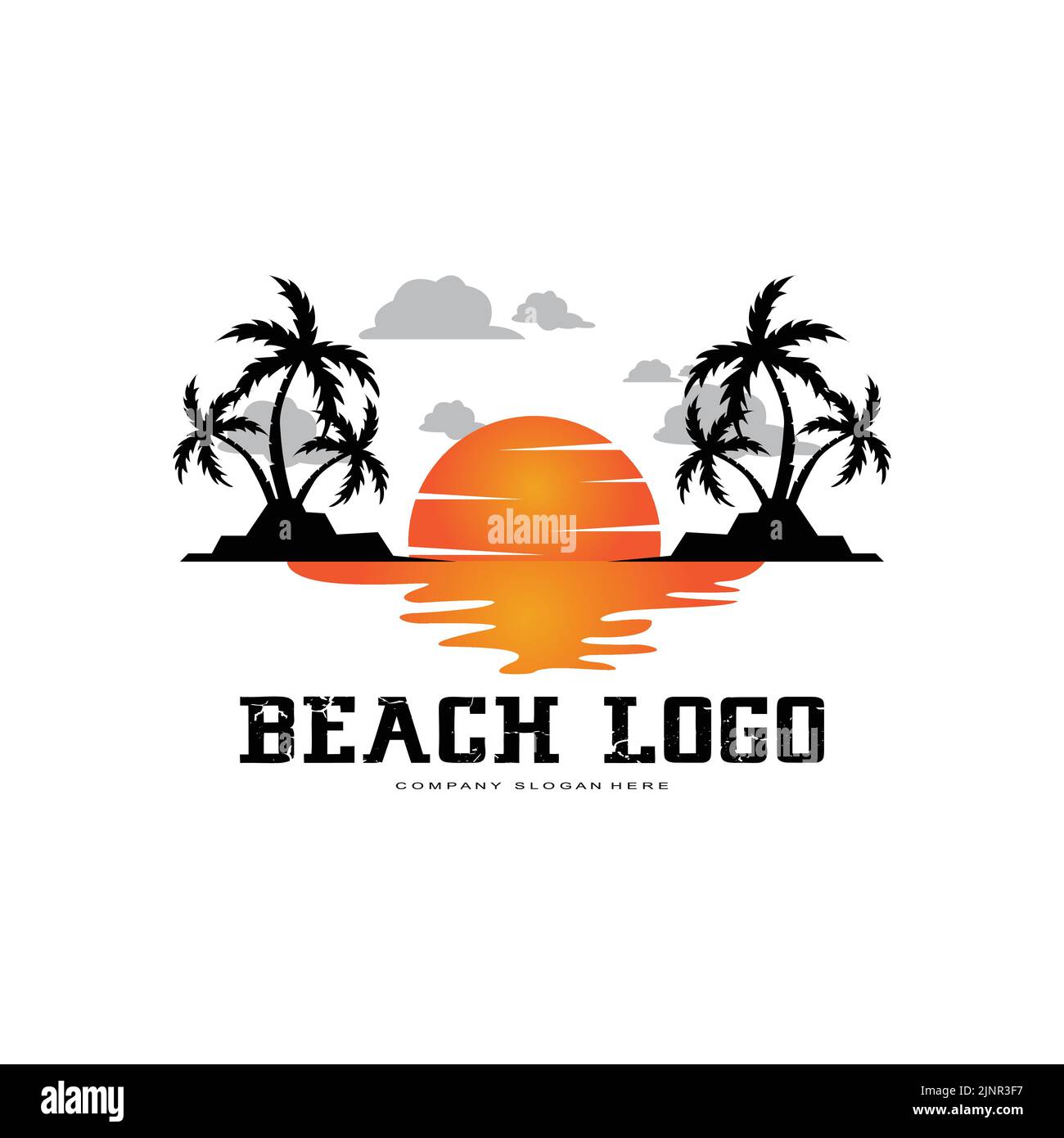 vector Beach Logo Vorlage mit Sonnenuntergang, Kokospalmen, Fischerbooten, Segelbooten und fliegenden Vögeln, ocean Waves, Retro Circle Design Konzept Stock Vektor