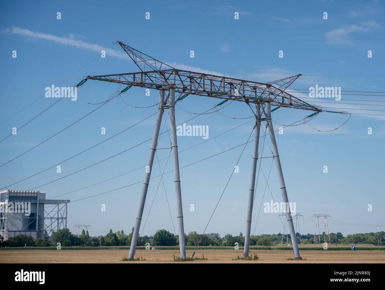 Masten und Kabel transportieren Strom aus einem Kernkraftwerk auf dem Land Stockfoto