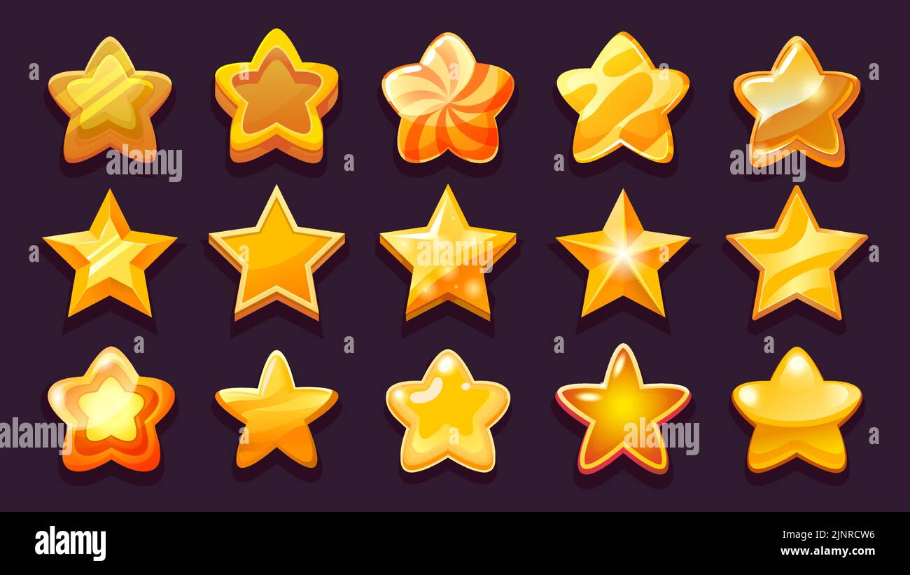 Game-UI-Star. Golden Bronze Kupfer Gaming gewinnen Sterne in verschiedenen Formen, 2D Spiel Asset von glänzenden glänzenden Leistung Zeichen Sammlung. Vektor niedlich Stock Vektor