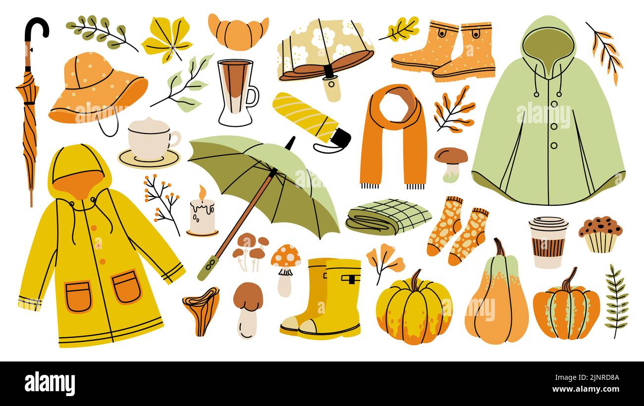 Herbstkollektion. Cartoon-Herbst-Vibe-Ikonen, gemütliche Kleidung Regenmantel Blätter und warme Lebensmittel Elemente für die Herbstsaison. Vector hallo Herbst Set Stock Vektor