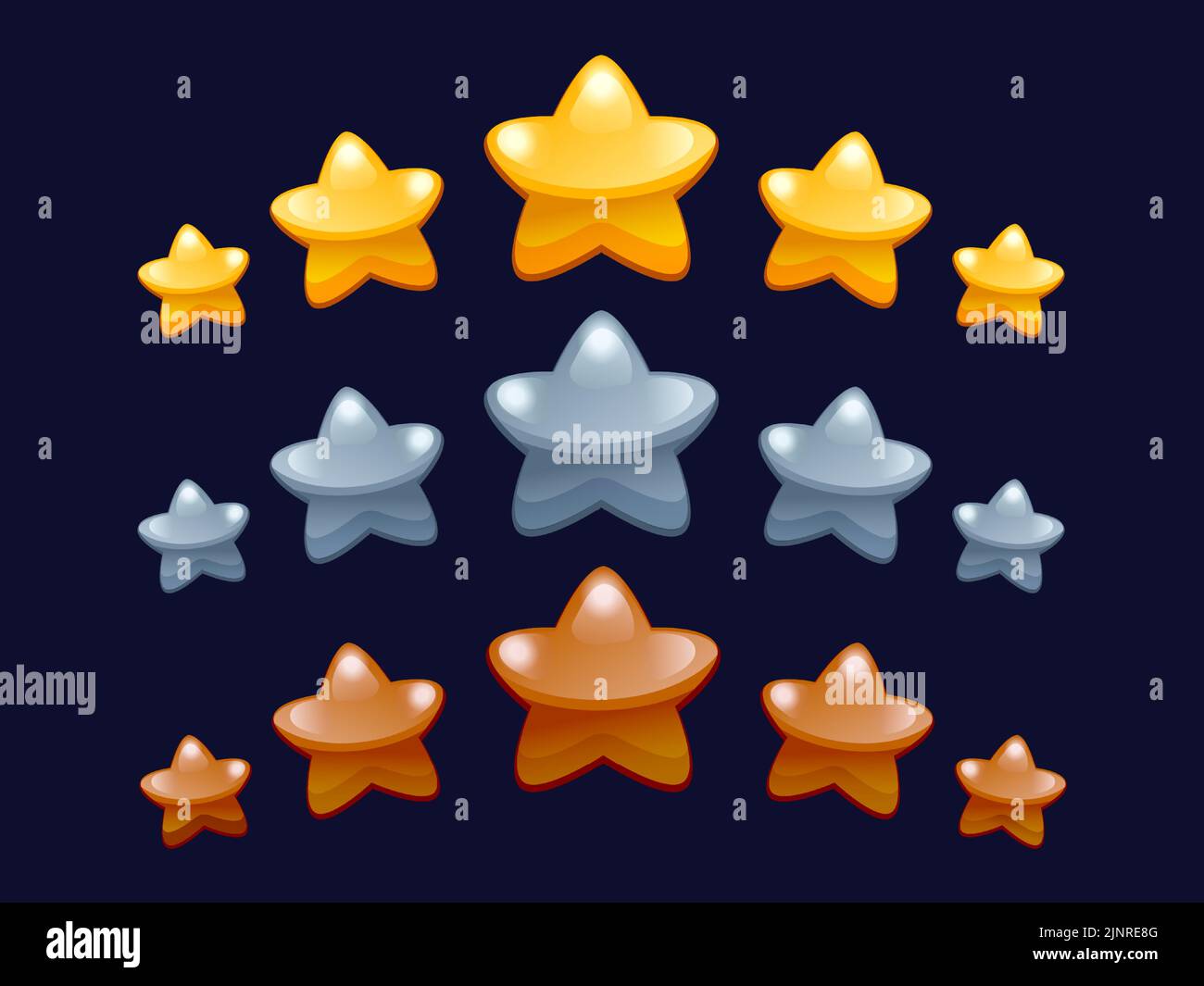 Bewertung der Spielstars. Cartoon-Level-Bonus und gewinnen Auszeichnung mit Reihe von Sternen Grafik-Vorlage für mobile 2D Spiel Interface-Element. Vektorset Stock Vektor