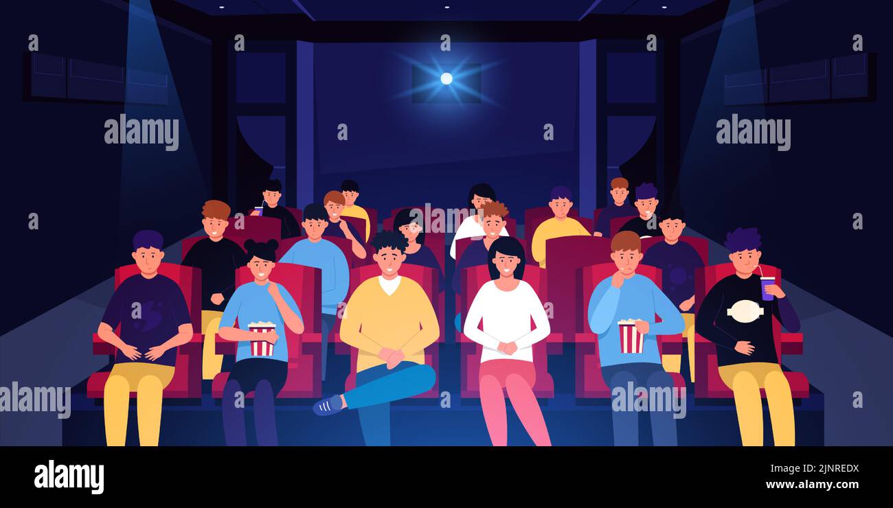 Menschen im Kino. Zeichentrickfiguren im Urlaub verbringen Zeit im Kino, dunkle Zimmer mit Stühlen und Kinoprojektor. Vector People Stock Vektor