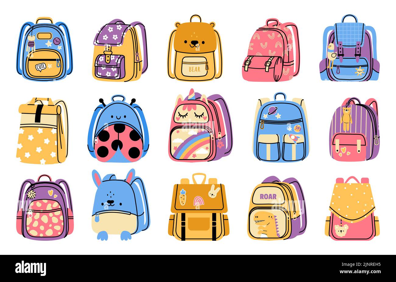 Schulrucksack. Cartoon bunte Kindertasche für Schule Schreibwaren und Zubehör, Grund-und Mittelschule Ausrüstung für Bücher. Vektorbildung Stock Vektor