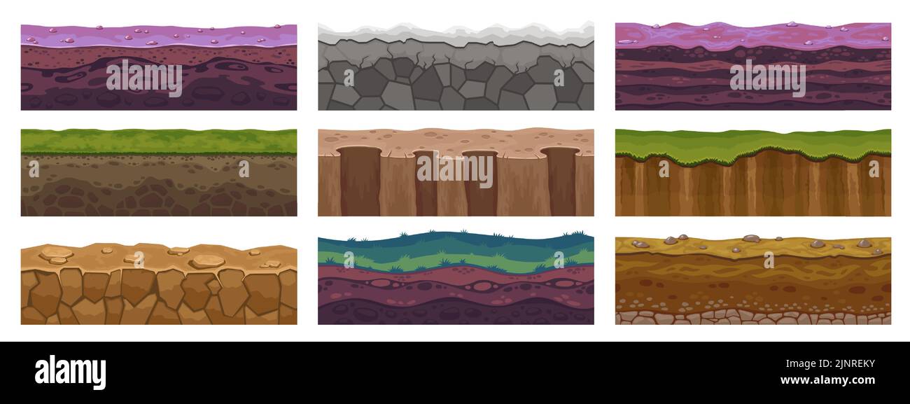 Spielgelände. Nahtloser Vordergrundboden aus Felsen, Steinen, Schmutz und Gras, horizontales Muster für Wildlevel von Sandwüste und Wiesen. Vektor Stock Vektor