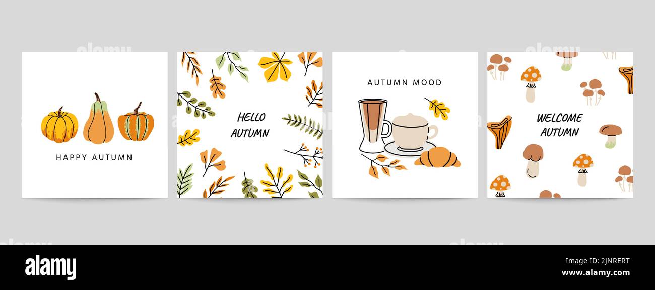 Herbstkritzelplakate. Grußkarte und Einladung zum Thanksgiving-Party-Mockup, minimalistische ländliche gemütliche Symbole, Herbststimmung. Vektorbanner gesetzt Stock Vektor