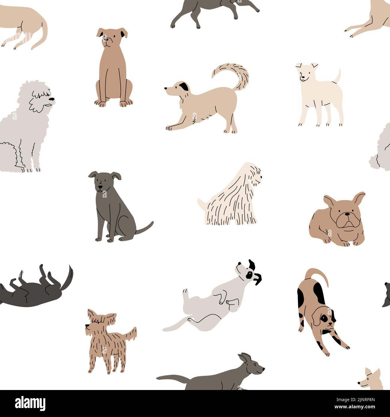 Doodle Hund Muster. Nahtloser Druck von lustigen kindischen Welpen für geschnittene Hunde Broschüre, Cartoon handgezeichnete skandinavische Grafik mit Tiertieren. Vektor Stock Vektor