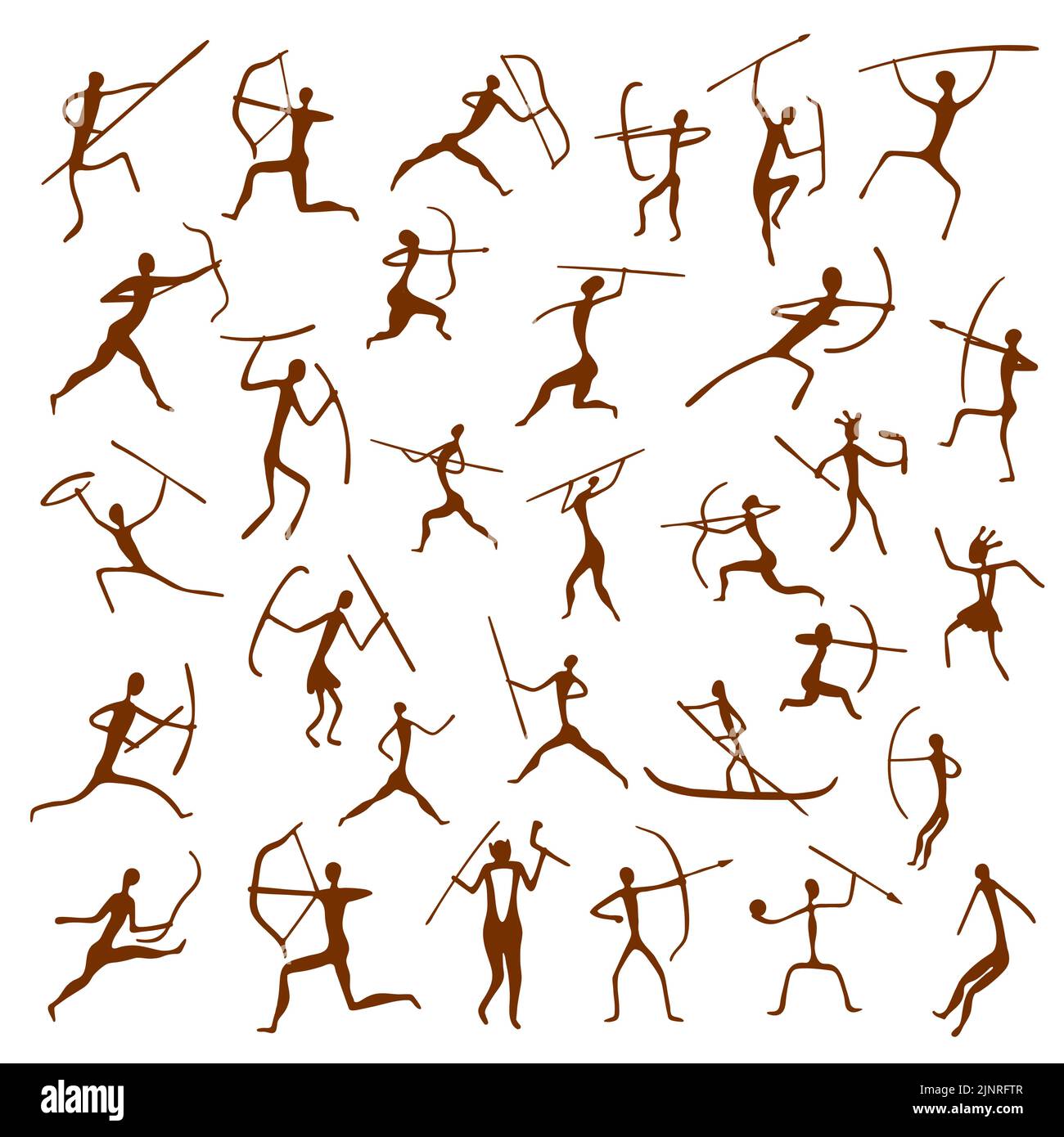 Höhlenmalereien auf Felsen. Primitive alte Zeichnung des Stammes Mensch mit Waffe. Vektor prähistorische männliche und weibliche Stammesjäger Symbole geschnitzt auf Stock Vektor