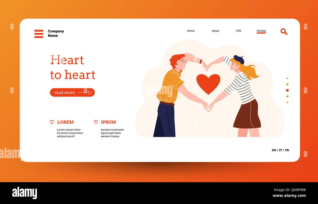 Menschen mit Herzlandung. Startseite für Freiwilligenorganisation oder Dating-Website-Vorlage mit Comic-Figuren halten Herzen. Vektorwebseitenlayout Stock Vektor