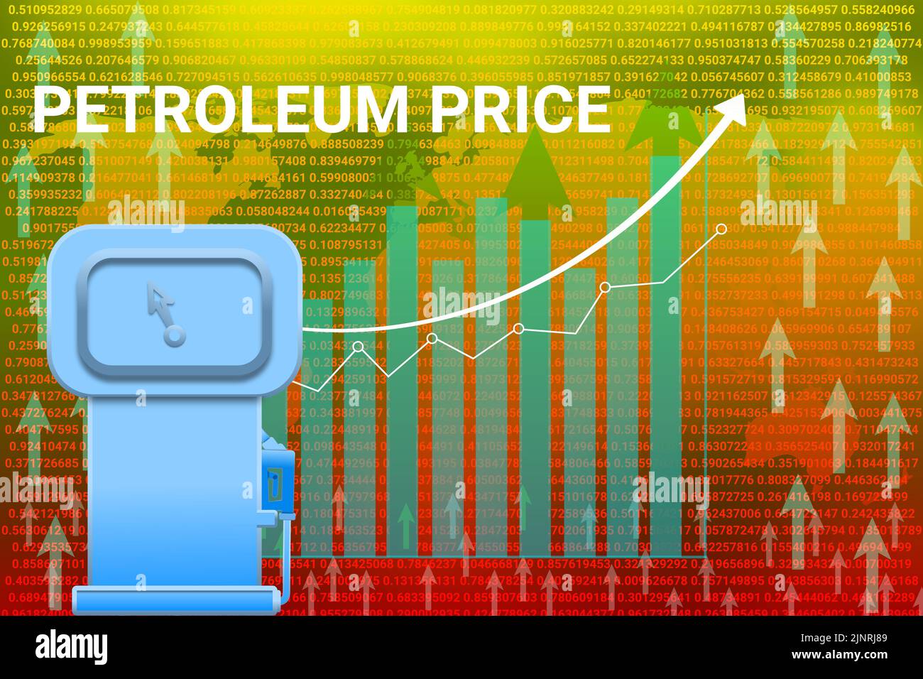 Petroleum Preis Anstieg Grafik Hintergrund mit Benzinpumpe Symbol. Konzept für Benzinpreis, Rate und Nachfrage Illustration. Stockfoto