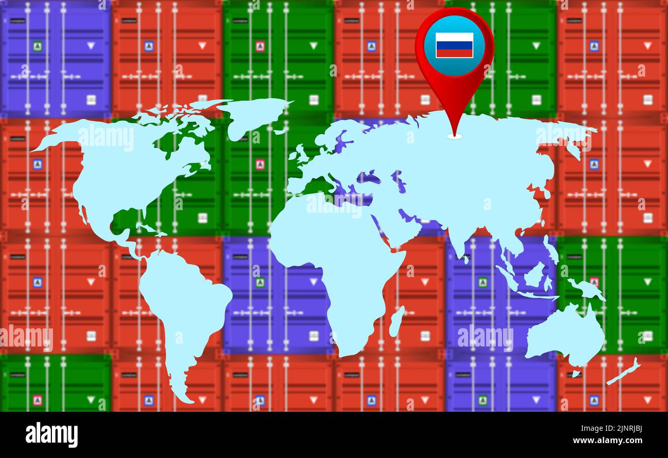 russland Standort auf Weltkarte mit Blur Cargo Container. Konzept für Import-Export-Geschäft in Russland. Stockfoto