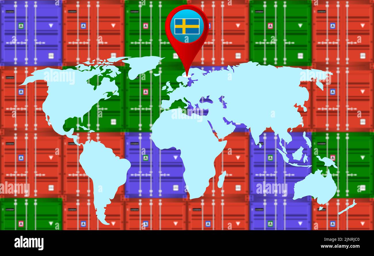 Import Exportgeschäft in Schweden Konzept mit Lage auf der Weltkarte und Blur Cargo Container. Stockfoto