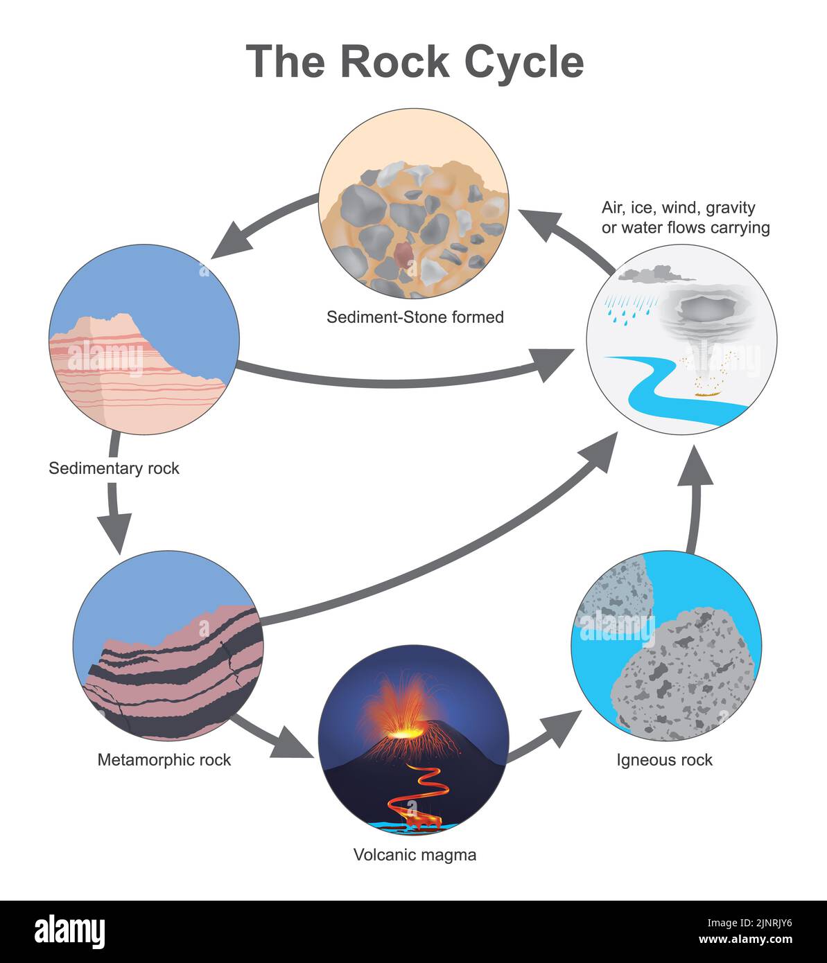 Der Felskreislauf, Diagramm Arten eines Steins im Zyklus natürlich vorkommend. Stockfoto