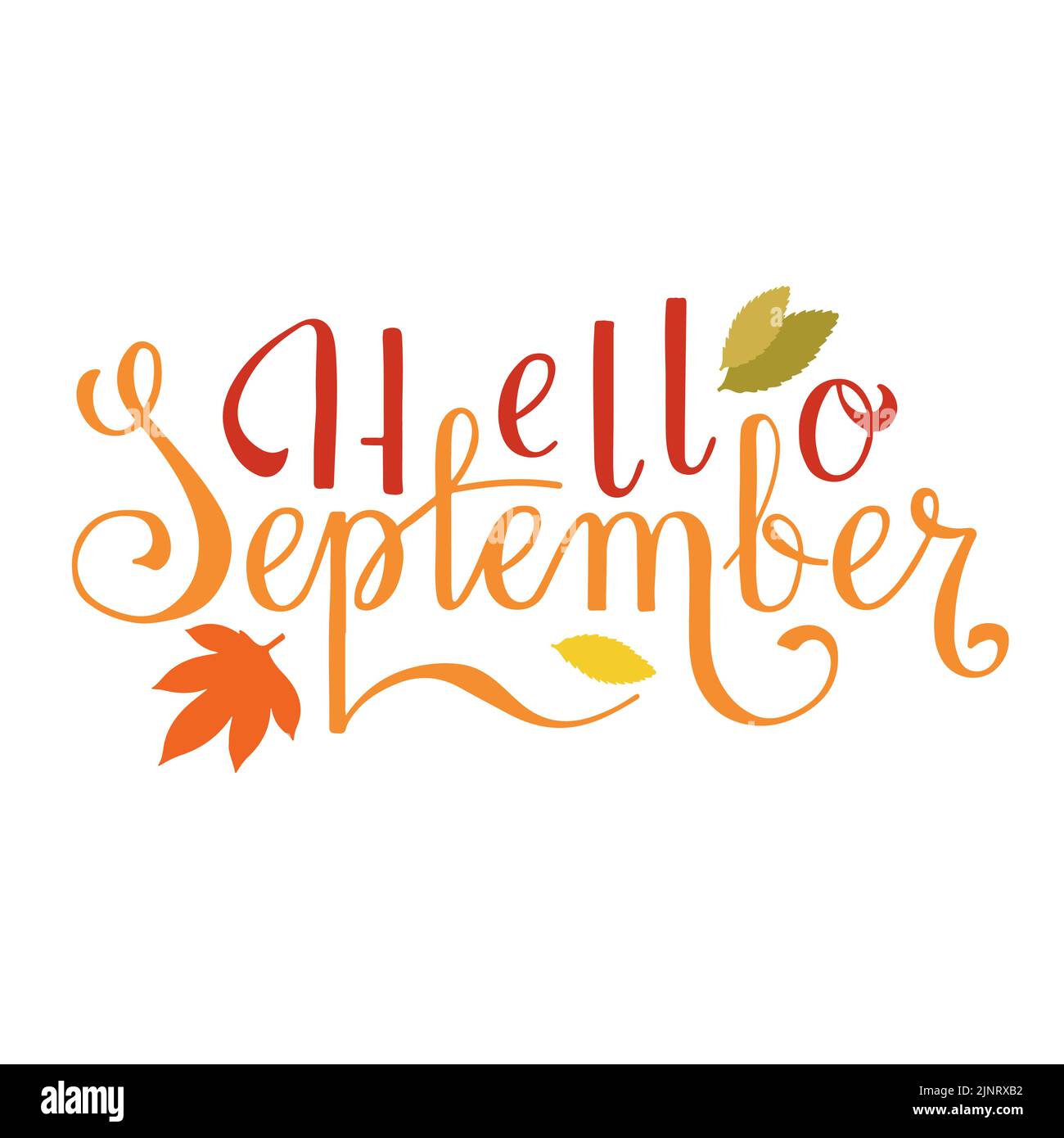 Handgeschriebene Worte Hallo September. Farbenfrohe Schriftzüge mit handgezeichneten Blättern. Stock Vektor