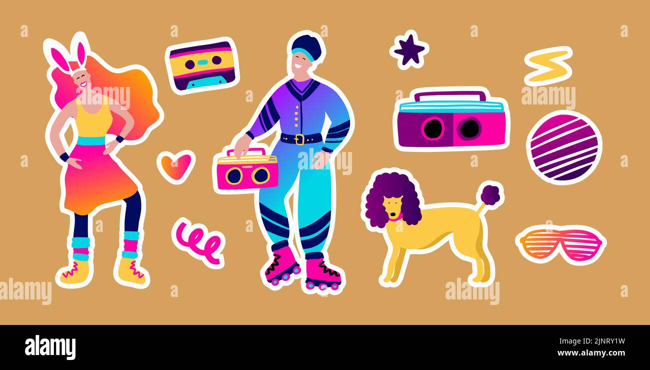 80s Retro Musik Party Aufkleber Set. Groovig funky Charakter Disco Tanz Roller Schlittschuhe Cartoon-Sammlung Stock Vektor