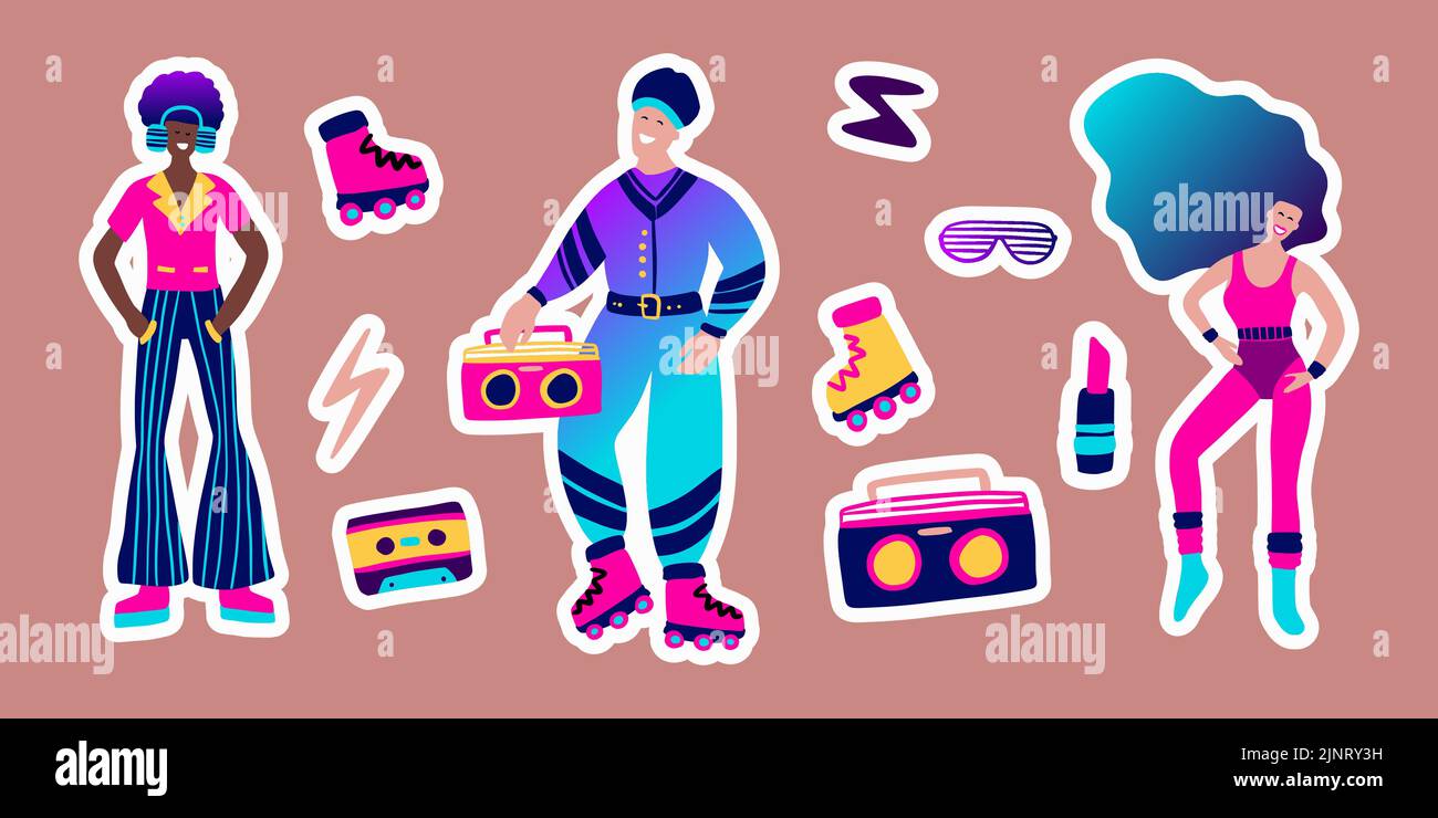 80s Retro Musik Party Aufkleber Set. Groovig funky Charakter Disco Tanz Roller Schlittschuhe Cartoon-Sammlung Stock Vektor