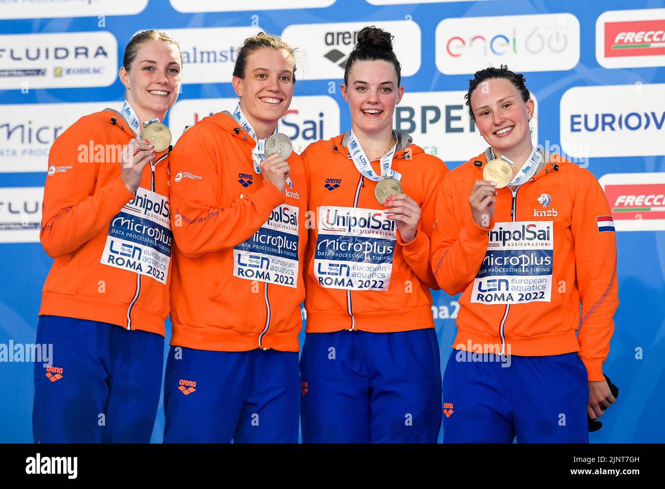 Roma, Italien. 13. August 2022. NIEDERLANDE, B.Sc. Kim, GIELE Tessa, VAN ROON Valerie, STEENBERGEN Marrit, Bronzemedaille 4x100 m Freistil Frauen Finale Schwimmen Roma, 13/8/2022 Stadio del Nuoto XXVI len Europameisterschaften Roma 2022 Foto Andrea Masini/Deepbluemedia/Insidefoto Kredit: Insidefoto di andrea staccioli/Alamy Live News Stockfoto