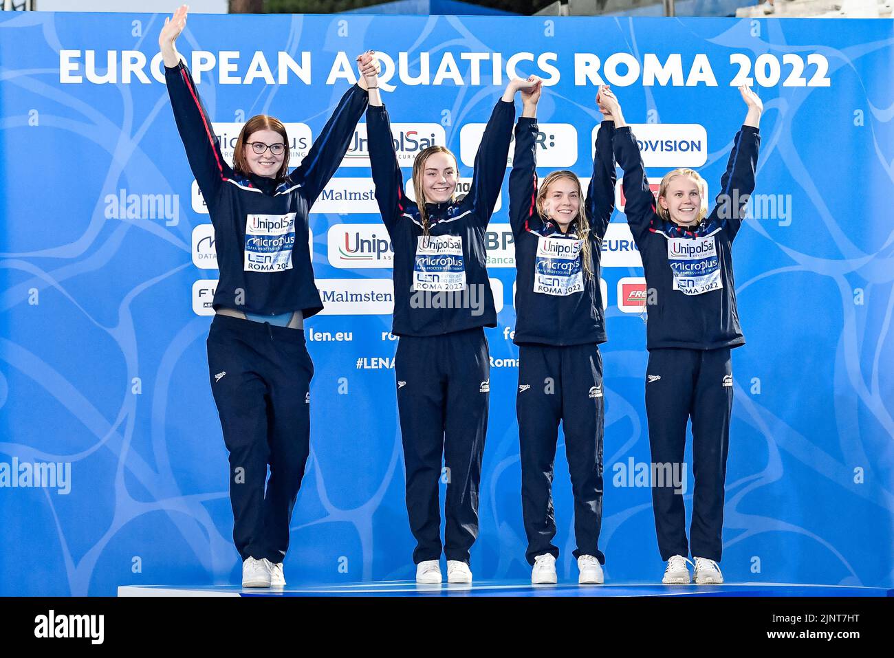 Roma, Italien. 13. August 2022. GROSSBRITANNIEN, HOPE Lucy, HOPKIN Anna, HARRIS Medi, ANDERSON Freya, Goldmedaille 4x100 m Freistil Frauen Schwimmen Roma, 13/8/2022 Stadio del Nuoto XXVI len Europameisterschaften Roma 2022 Foto Andrea Staccioli/Deepbluemedia/Insidefoto Kredit: Insidefoto di andrea staccioli/Alamy Live News Stockfoto