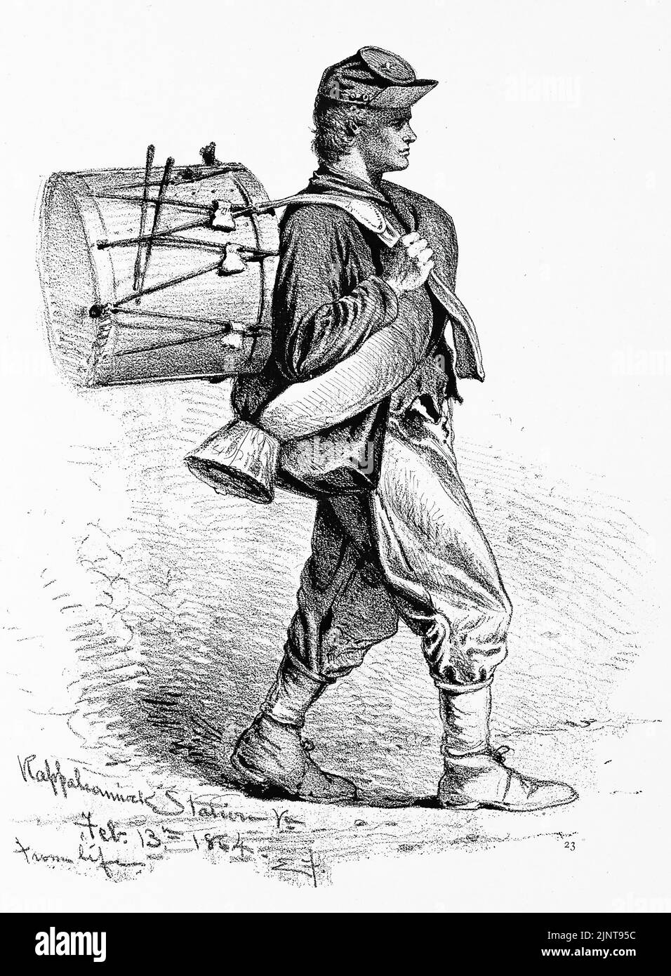 Life Portrait eines Union Drummer Boy. Rappahannock Station, 13.. Februar 1864. Illustration des amerikanischen Bürgerkriegs des 19.. Jahrhunderts von Edwin Forbes Stockfoto