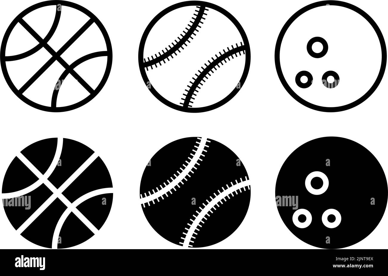 Sportbälle Minimal Modern Style-Ikonen befinden sich auf weißem und schwarzem Hintergrund. Das Paket hat sechs Symbole. Stock Vektor