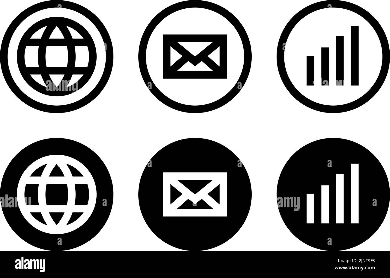 Globe und Mail und Conection Icon im modernen Stil Icons befinden sich auf weißen und schwarzen Hintergründen. Das Paket hat sechs Symbole. Stock Vektor