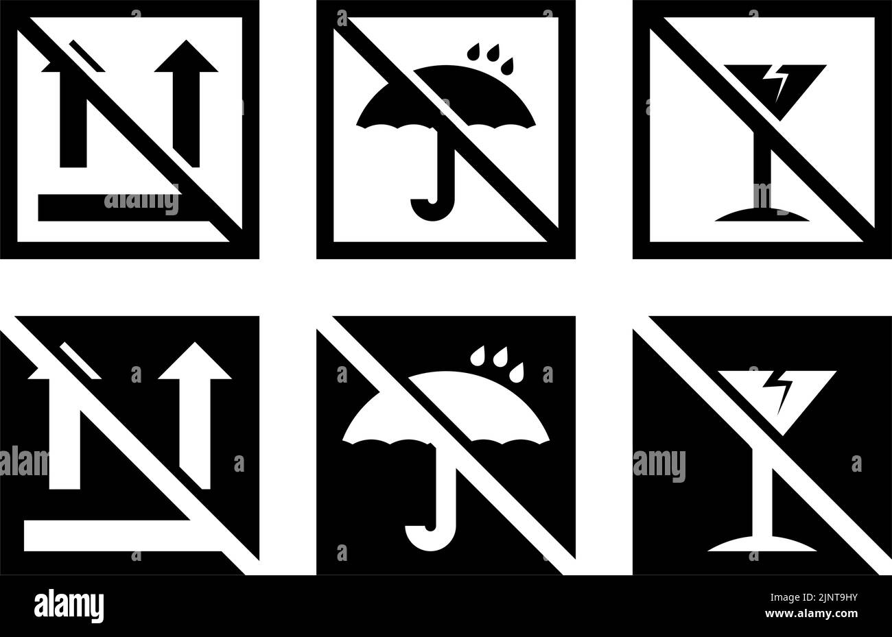 Durchgestrichene fragile Box, Ladung Warnung Vektor-Schilder in modernen Stil-Icons gesetzt sind auf weißen und schwarzen Hintergründen. Das Paket hat sechs Symbole. Stock Vektor