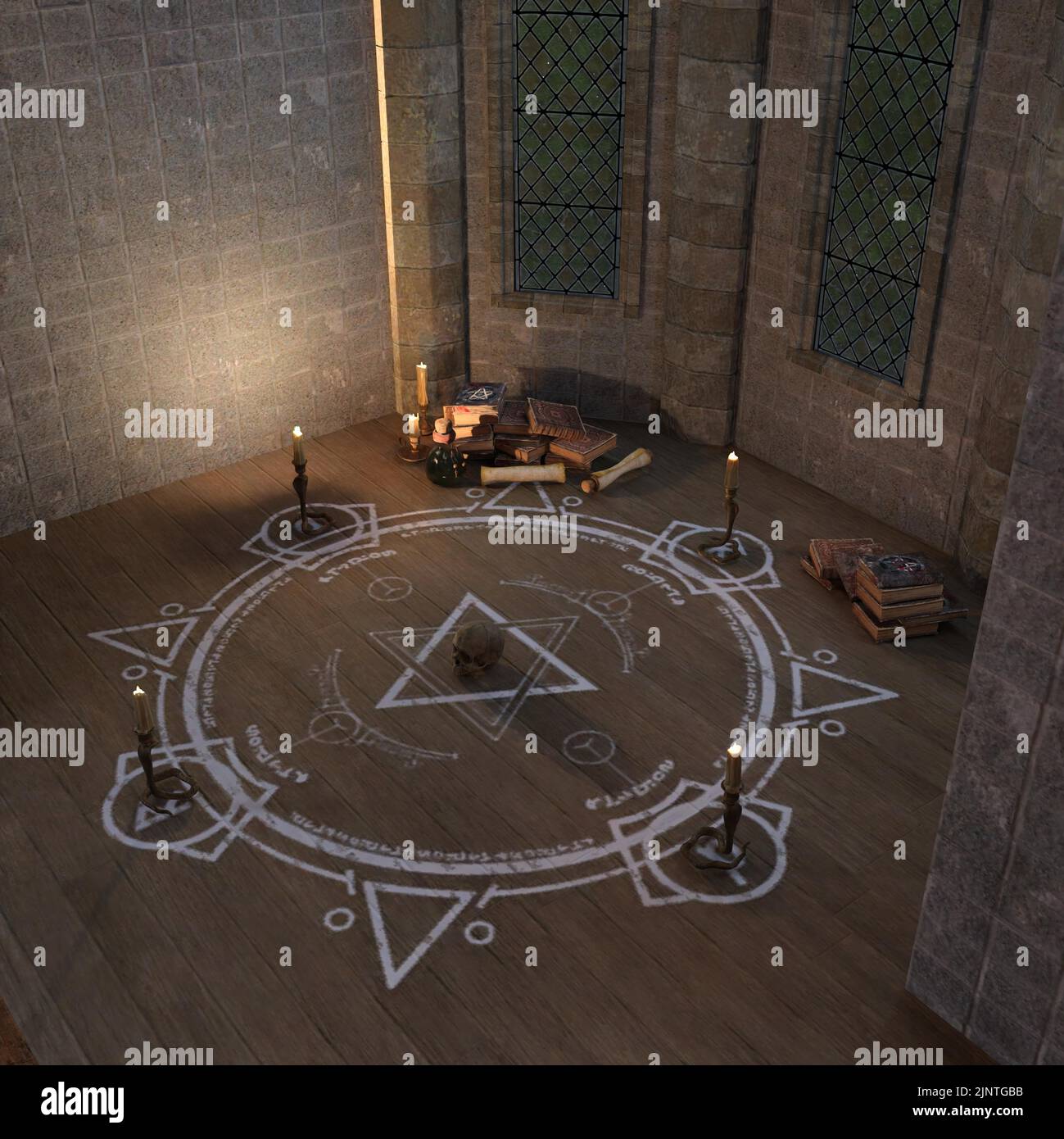 3D-Illustration eines leeren Zaubererraums oder Hexenlabors Stockfoto