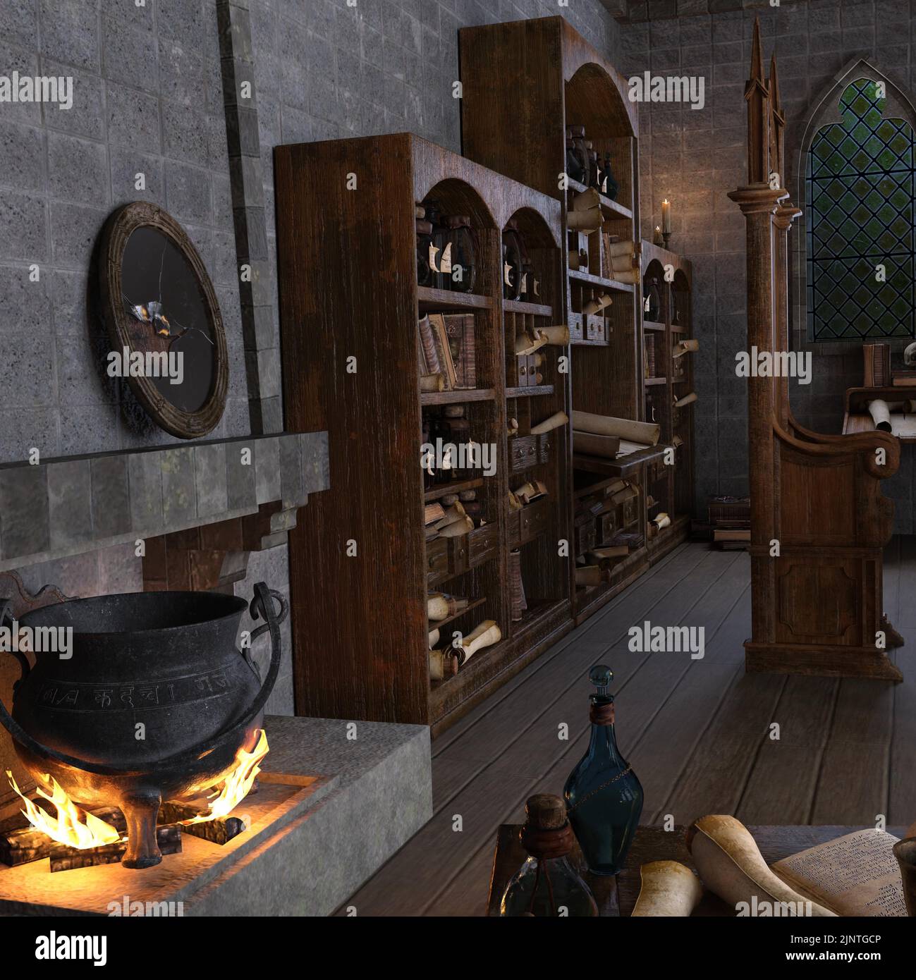 3D-Illustration eines leeren Zaubererraums oder Hexenlabors Stockfoto