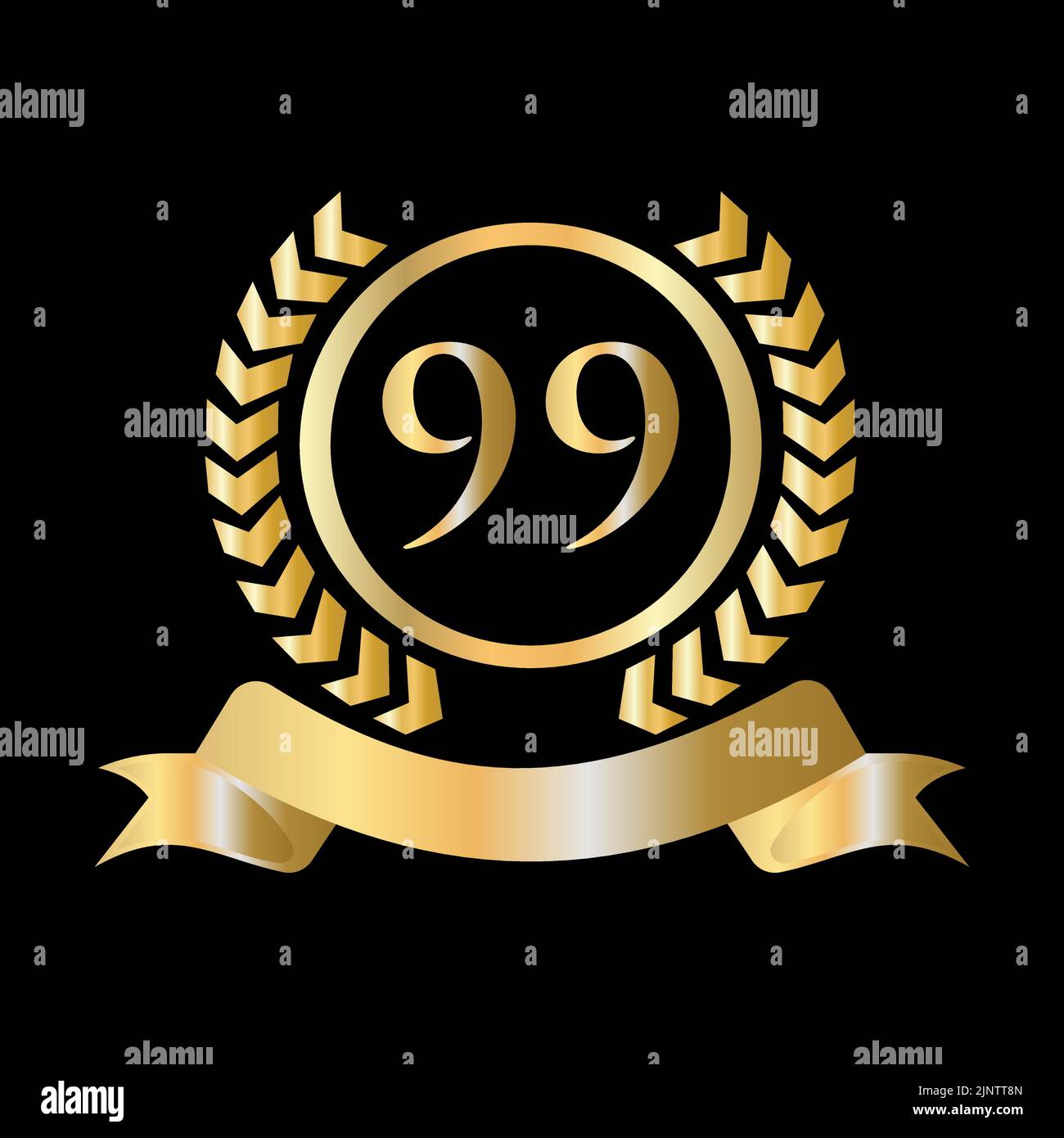 Neunundneunzig, 99. Jubiläumsfeier – Gold- und schwarze Vorlage. Luxus-Stil Gold Heraldic Wappen Logo Element Vintage Laurel Vektor Stock Vektor