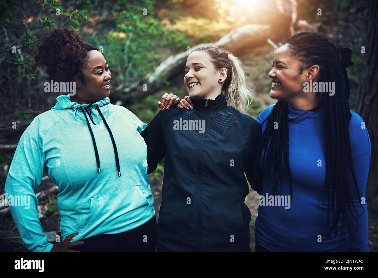 Gemeinsam trainieren ist eine gute Möglichkeit, sich zu verbinden. Sportliche junge Frauen trainieren im Wald. Stockfoto