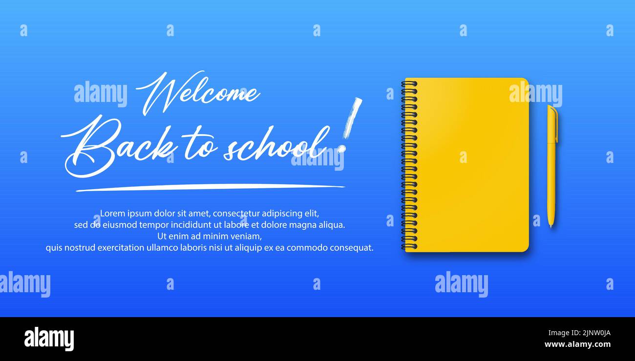 Zurück zur Schule. Urlaub für Studenten. Kleiner handgeschriebener Text zurück in die Schule. Für Text platzieren. Bildungsposter. Vector Bannerkonzept mit Notebook und Stock Vektor