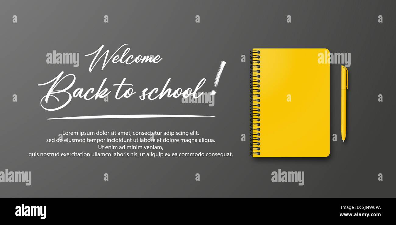 Urlaub für Studenten. Zurück zur Schule. Vector Bannerkonzept mit Notizbuch und Stift auf schwarzem Hintergrund. Für Text platzieren. Bildungsposter. Kleine Handwri Stock Vektor