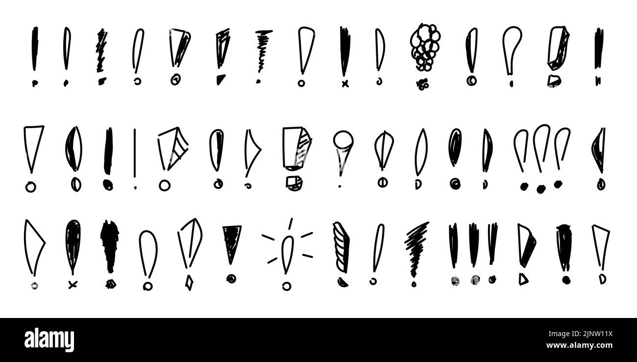 Satz handgezeichneter Doodle-Ausrufezeichen. Bleistift und Tinte verschiedene verstreute Ausrufezeichen. Skizzen der Zeichensetzung, Vektordarstellung auf w Stock Vektor