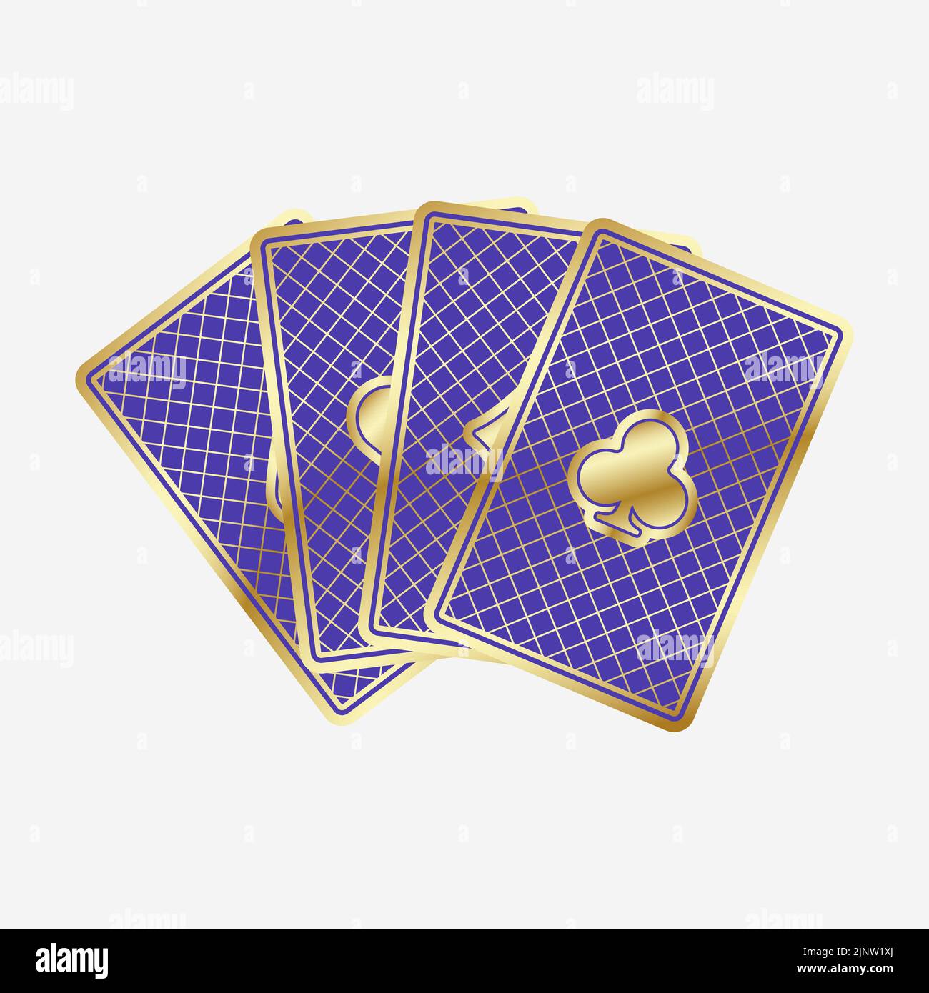 Fan vier bunte Spielkarten mit mit goldenen Zierleisten. Die Karten auf der Rückseite sind violett oder lila oder rosa. Vektorgrafik auf weißem Hintergrund. Stock Vektor