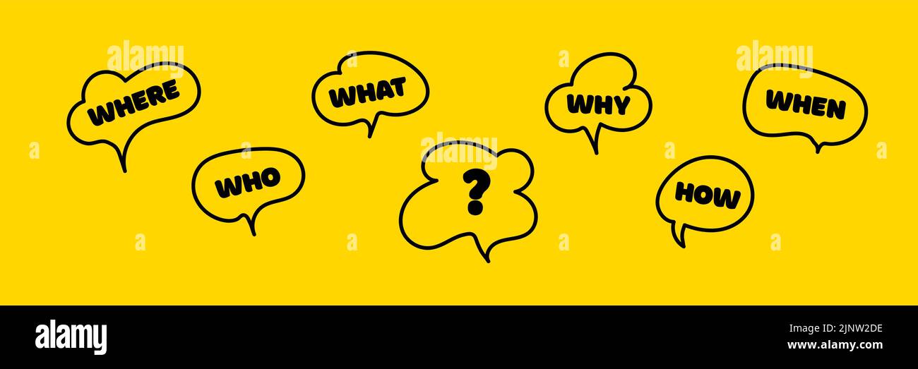 Fragen Sie was, wie, warum, wofür und wo. Ort für Ihren Text. Webbanner für Unternehmen. Kommunikationseinschluss People-Konzept. Vektorgrafik. Stock Vektor Fragen Sie was, wie, warum, wofür und wo. Ort für Ihren Text. Webbanner für Unternehmen. Kommunikationseinschluss People-Konzept. Vektorgrafik. Stock Vektor