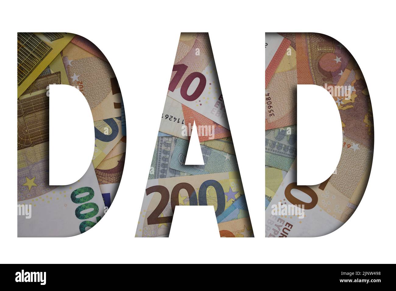 Papa Wort mit Geld. Papierwährung Hintergrund mit verschiedenen Banknoten. Stockfoto