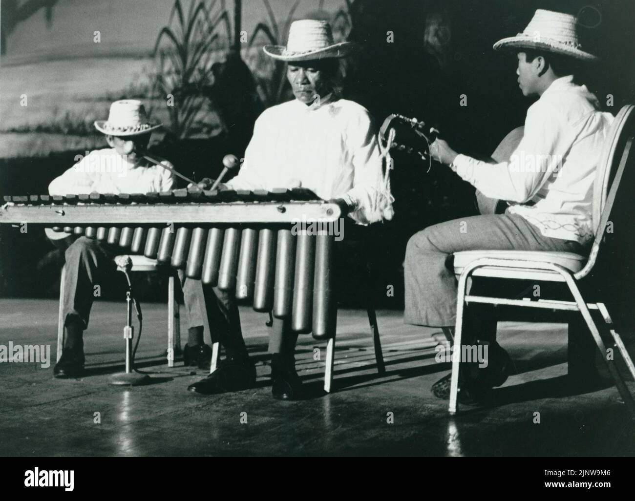 Schwarz-Weiß-Foto eines Marimbaspielers, begleitet von zwei Gitarristen, Costa Rica, Mittelamerika Stockfoto