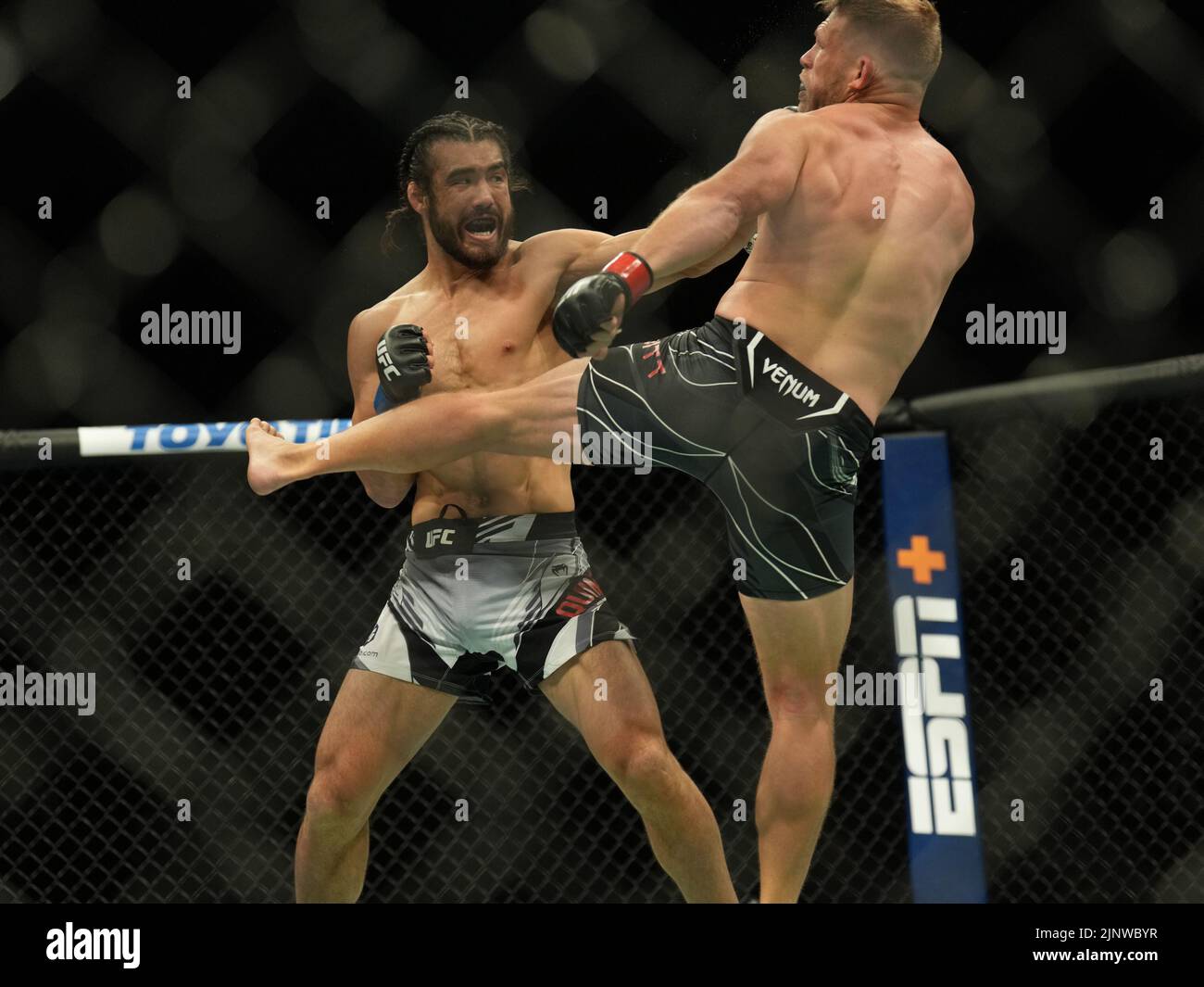 SAN DIEGO, CA - 13. AUGUST: (L-R) Josh Quinian schlägt Jason Witt in ihrem Catchweight-Kampf während der UFC Fight Night: Vera gegen Cruz-Veranstaltung in der Pechanga Arena am 13. August 2022 in San Diego, Kalifornien, USA. (Foto von Louis Grasse/PxImages) Credit: Px Images/Alamy Live News Stockfoto